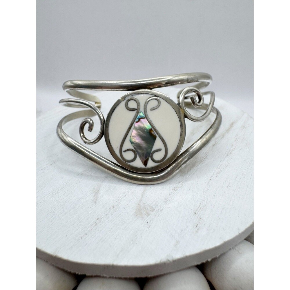 Vintage Alpaca Mexico Abalone Inlay Shell Cuff Bracelet Bohemian Chunky